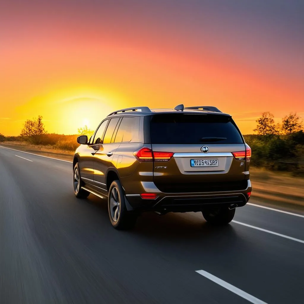 Car Driving on Road at Sunset