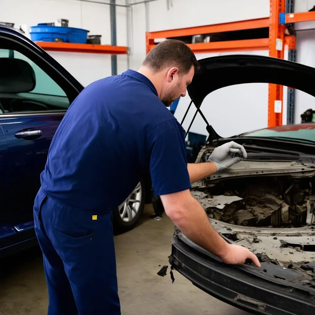 Mechanic Inspecting Damaged Car