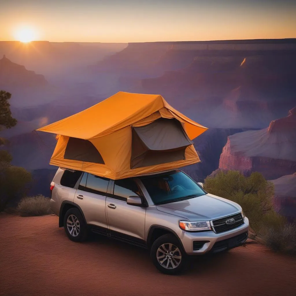 A car roof camper tent overlooking the Grand Canyon at sunrise