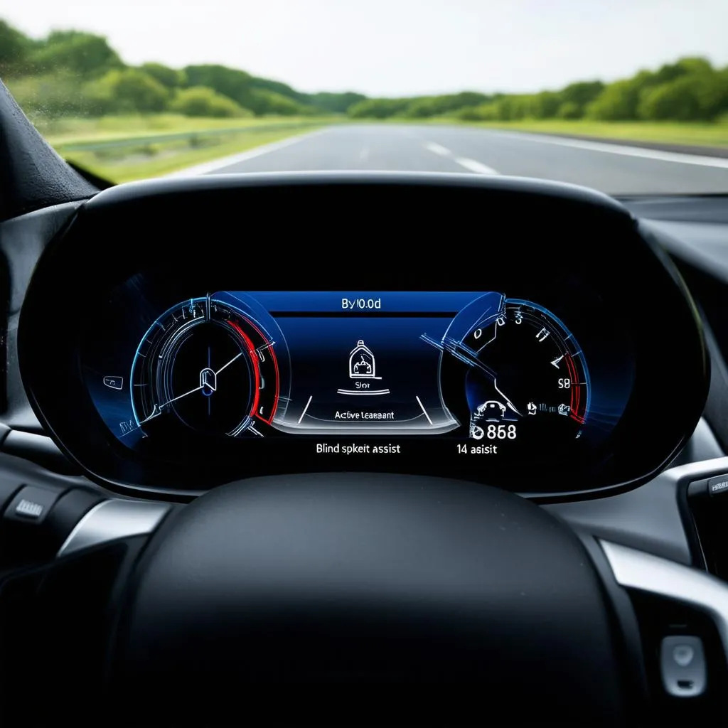 Dashboard of a modern car with various safety features enabled.