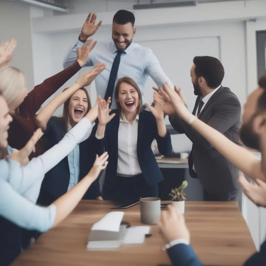 Car sales team celebrating