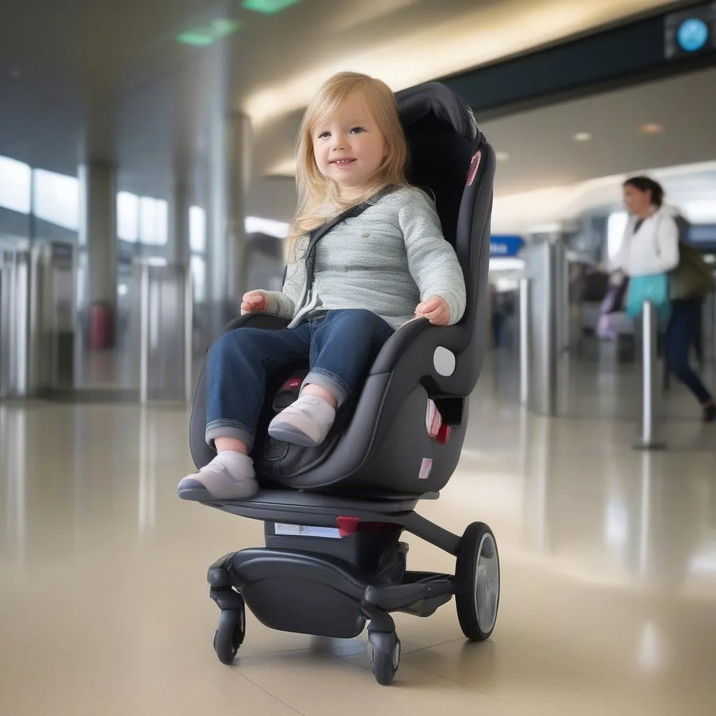 Car seat with wheels at airport