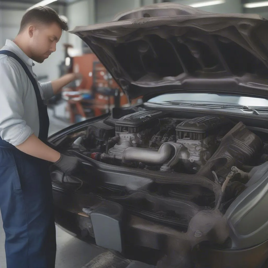 Car seized up engine problem: a mechanic inspecting the engine