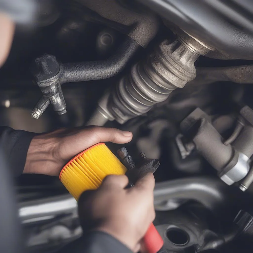 Car seized up fuel system issue: a mechanic checking the fuel filter