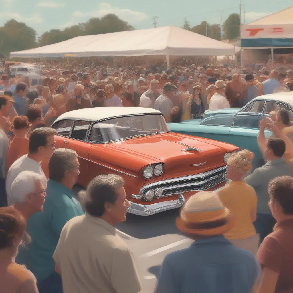 A crowd gathers around a classic car at a car show