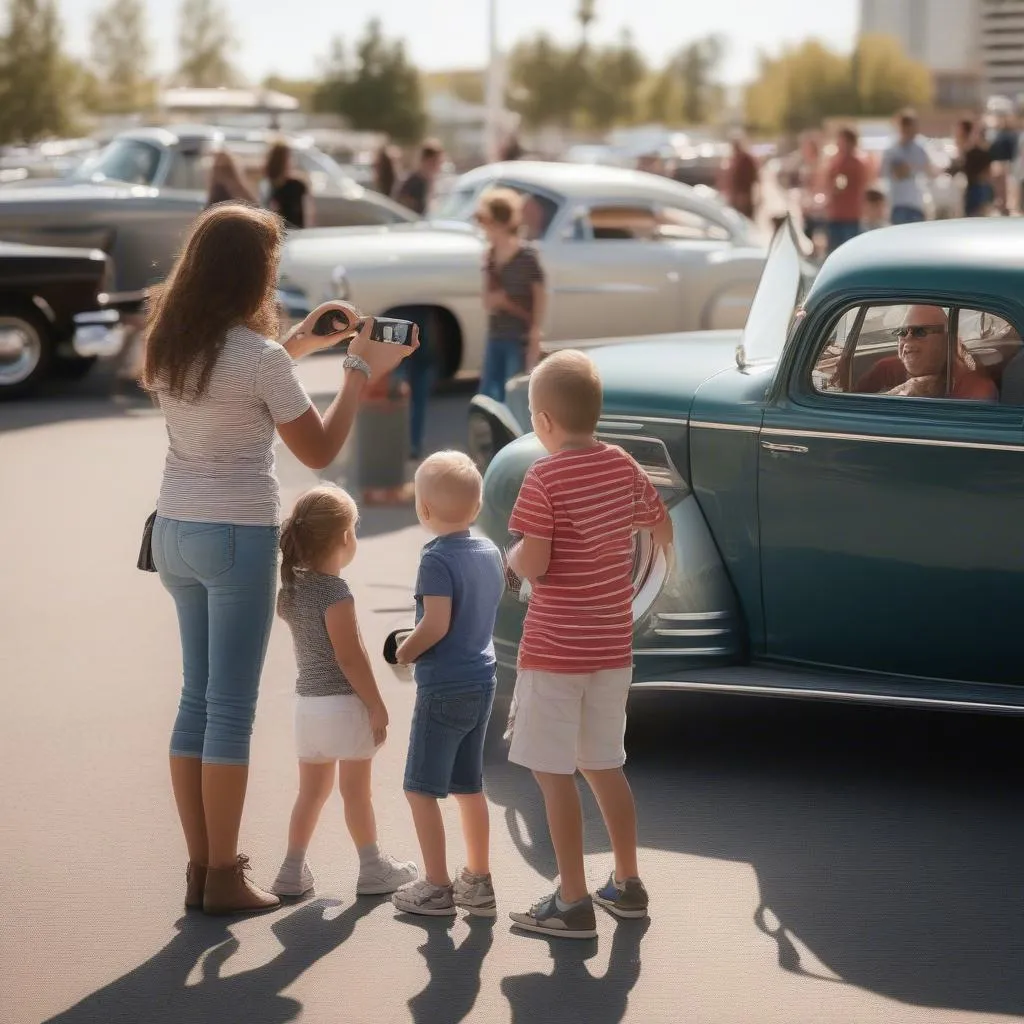 Family enjoying a car show