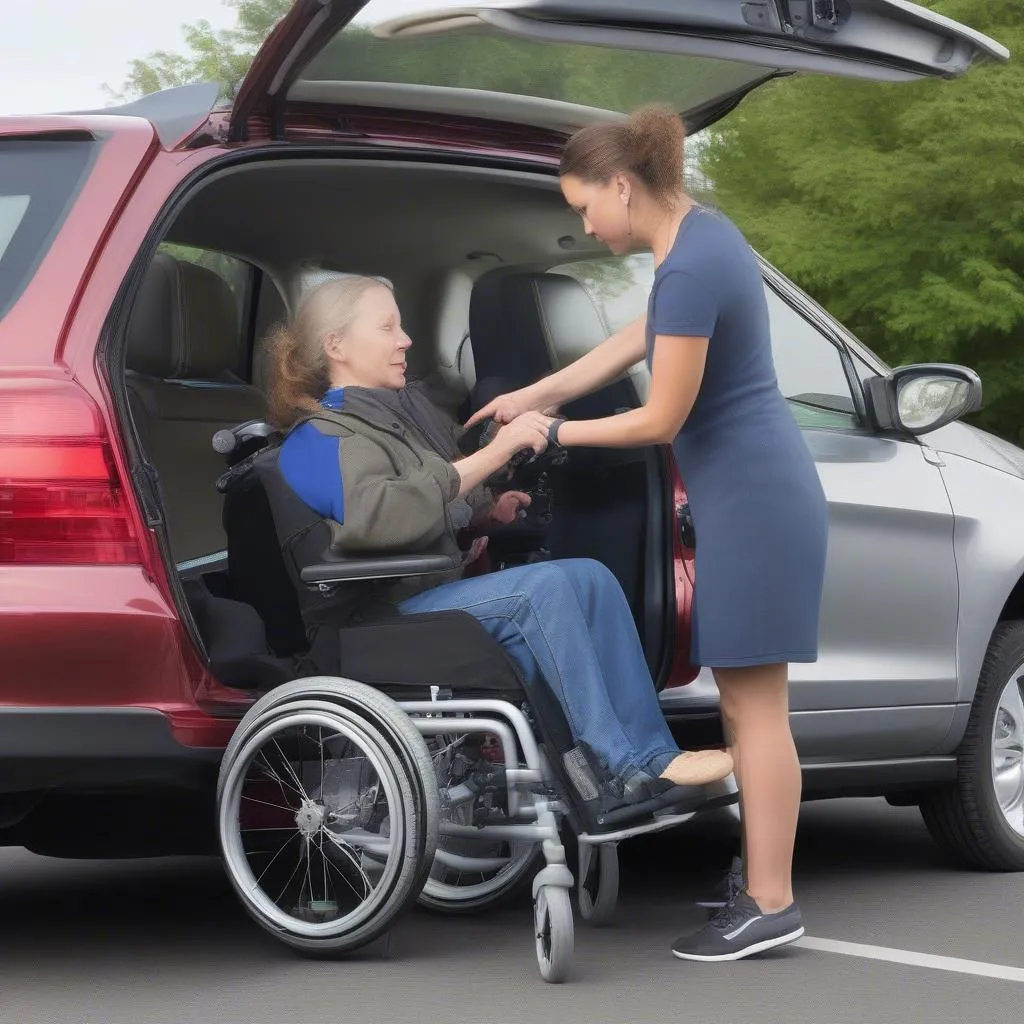 A person using a transfer board to get from a wheelchair into a car.