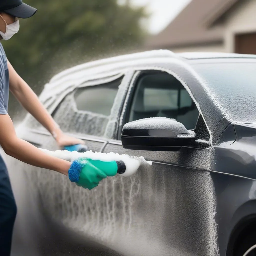 Using a foam cannon to apply a thick layer of foam solution to the car. 