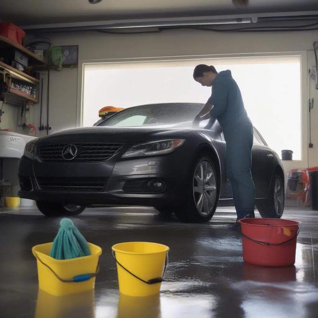 Washing car in garage