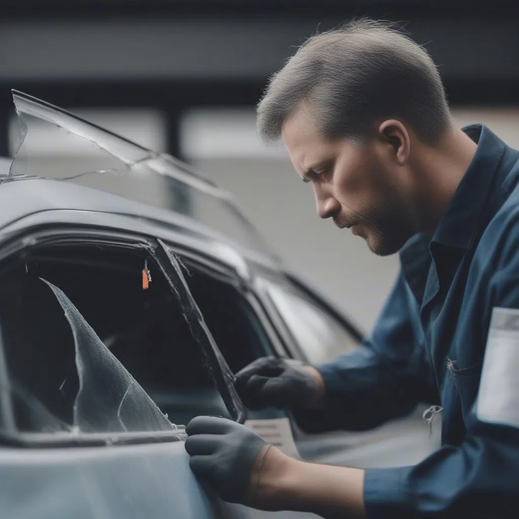 A mechanic inspecting a cracked car window