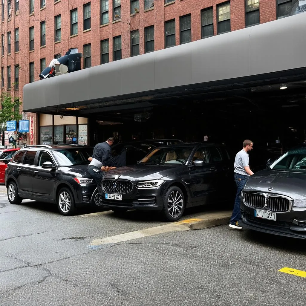 A bustling car window tinting shop in Boston