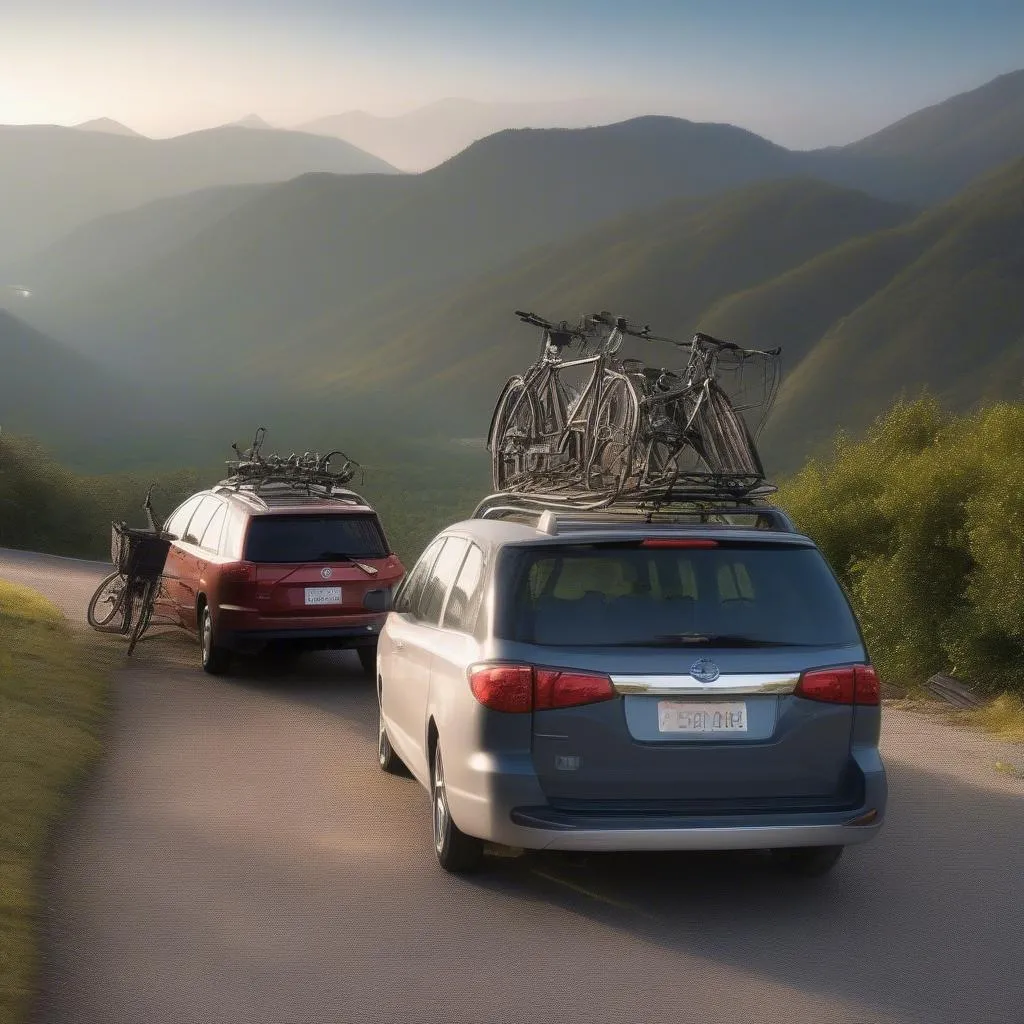 Car with bikes on a mountain road