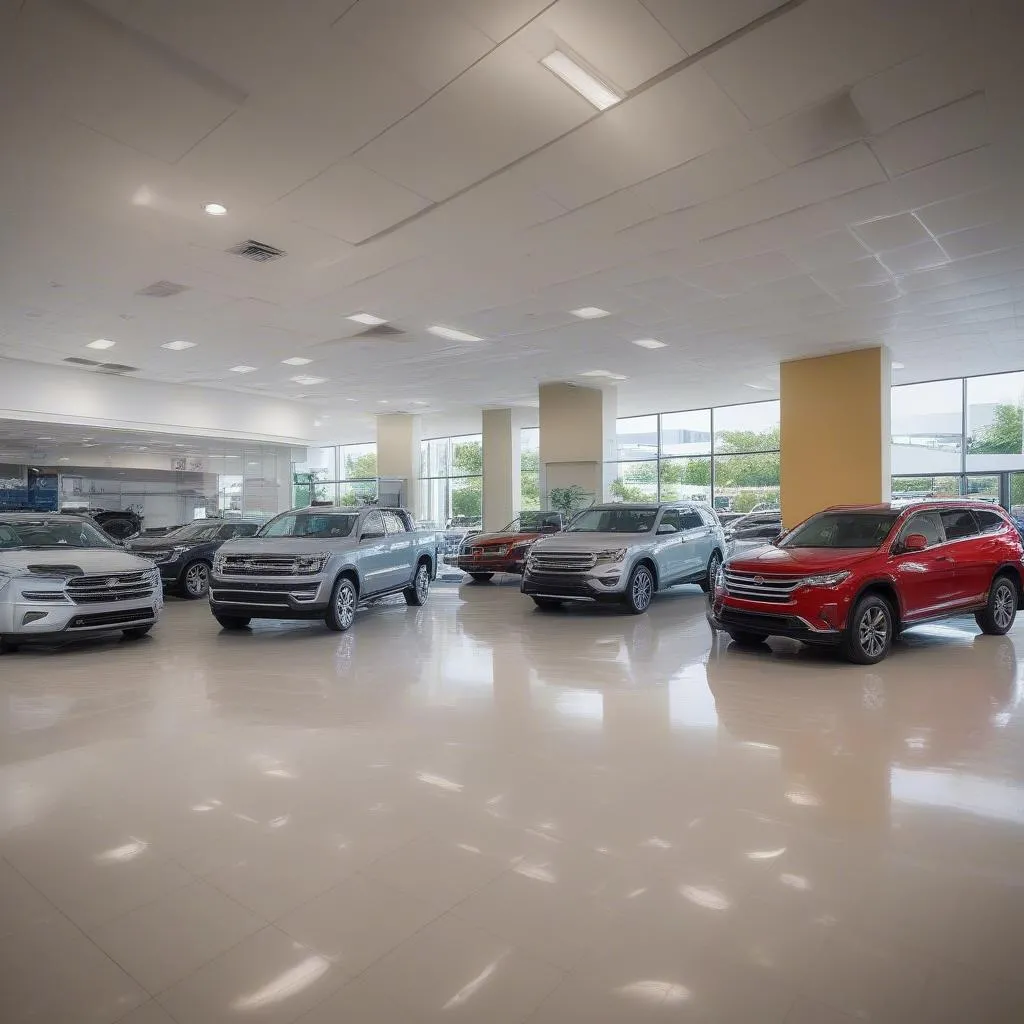 Interior of a modern car dealership