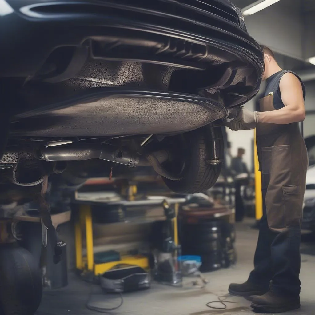 Car mechanic working on exhaust