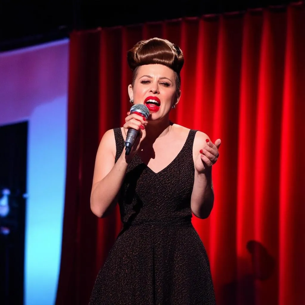 Caro Emerald singing into a vintage microphone