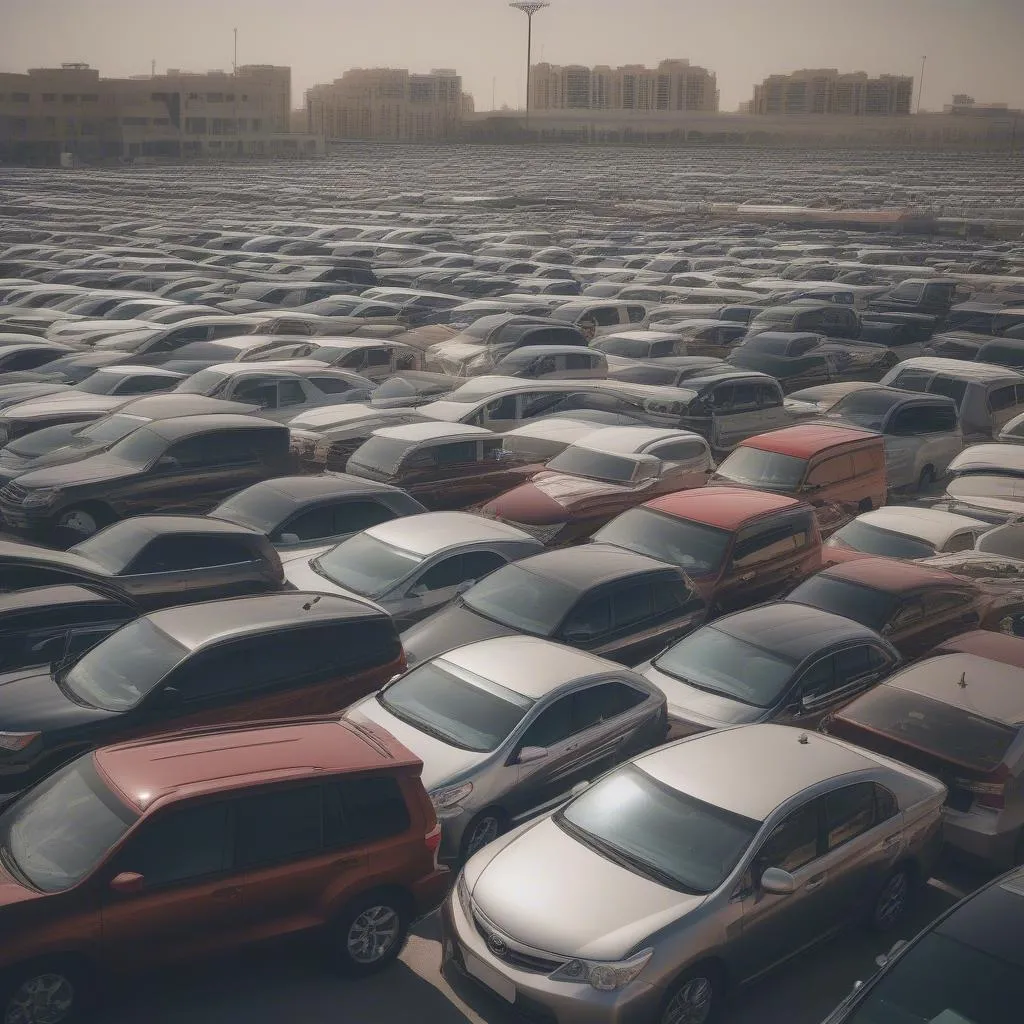 Used car market in Doha, Qatar, featuring popular brands like Toyota and Honda