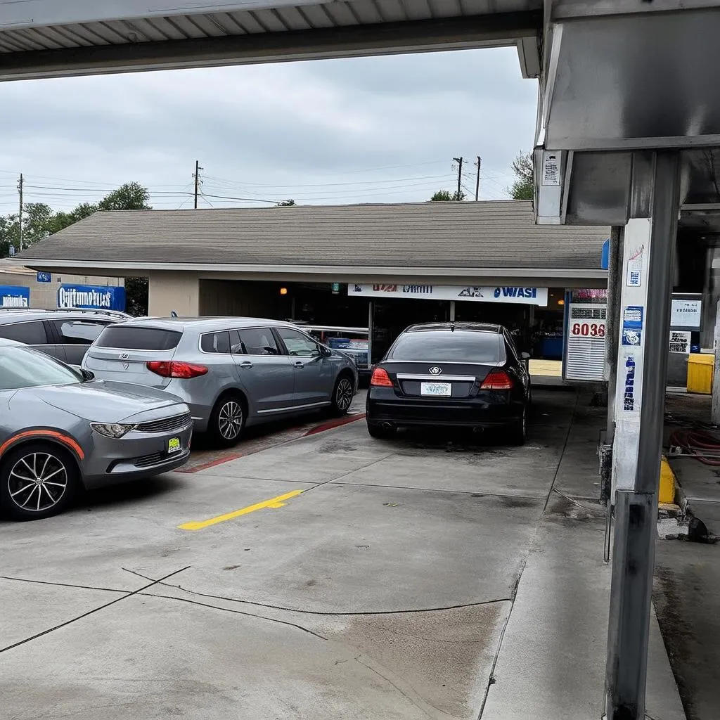 Modern car wash exterior with cars in line