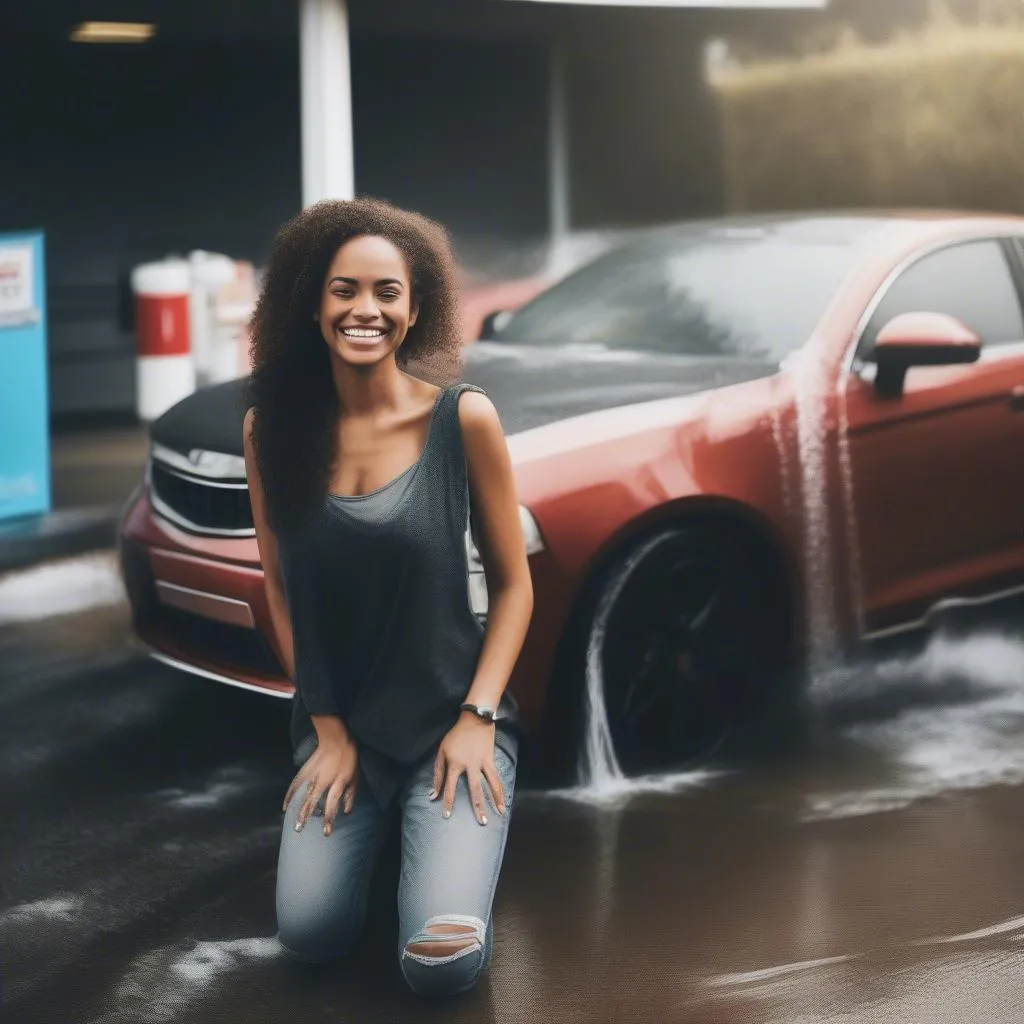 Happy customers at a car wash