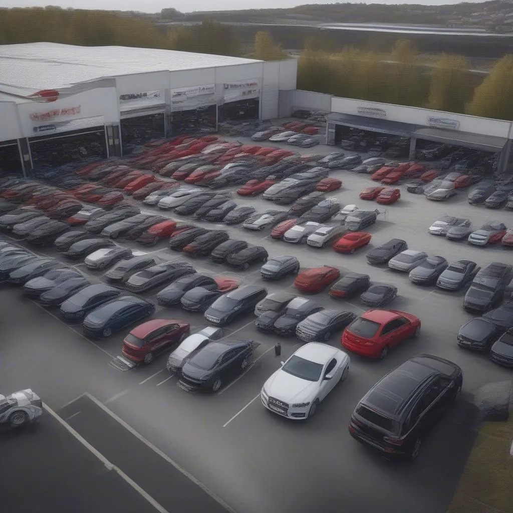 A busy pick-n-pull yard with a wide selection of European cars, highlighting the availability of parts for various models.