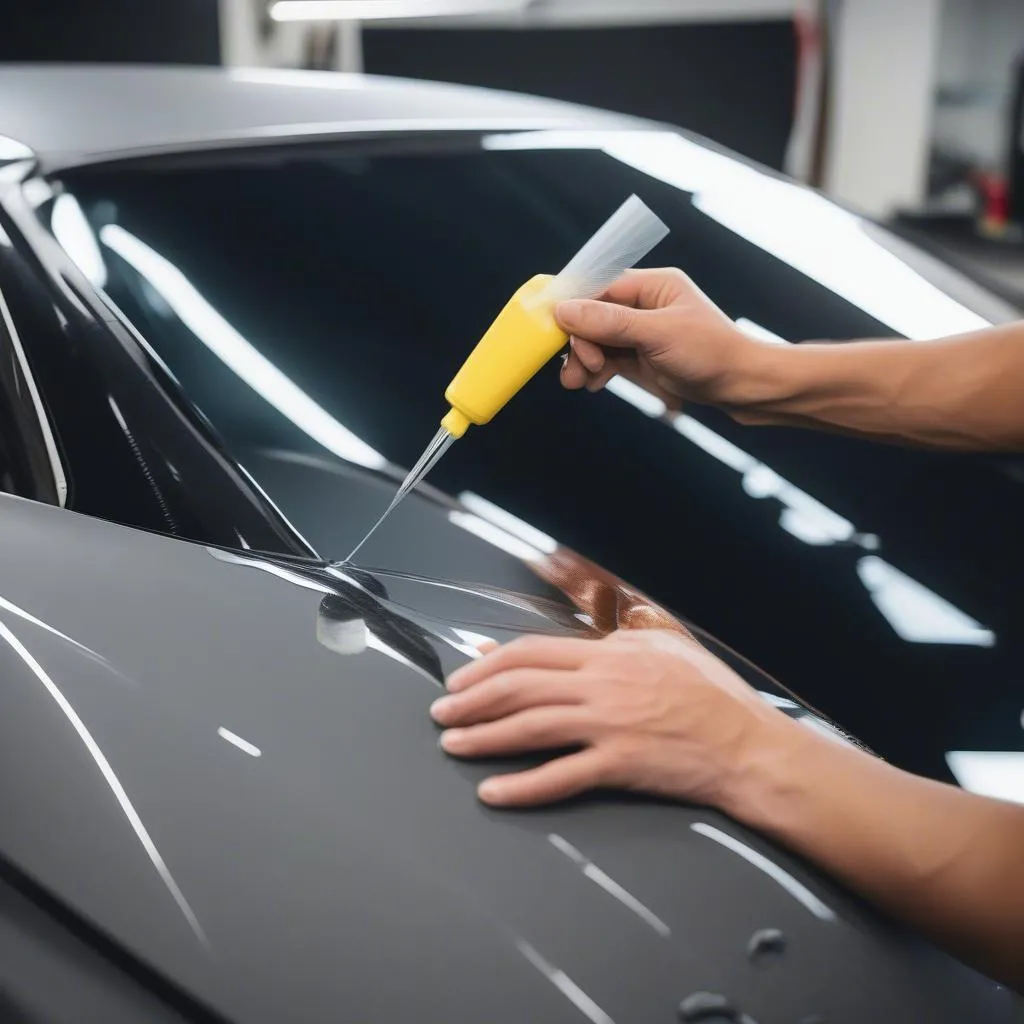 Detailer applying ceramic coating to a car