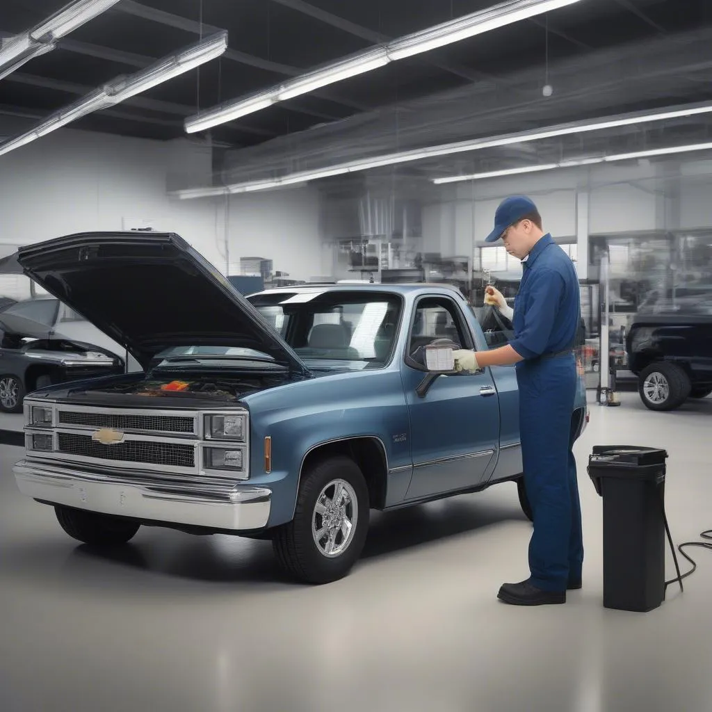 A Chevrolet car being serviced by a qualified mechanic