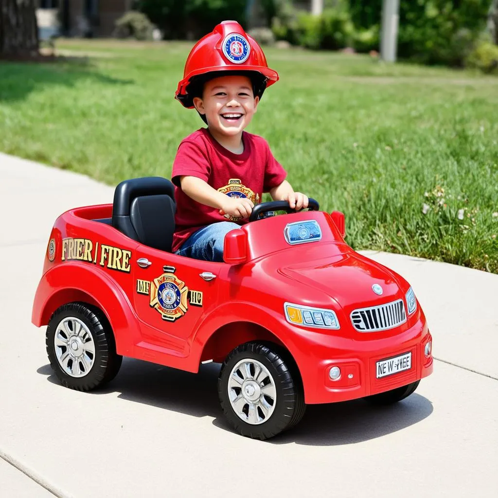 Smiling child playing with a fire engine pedal car