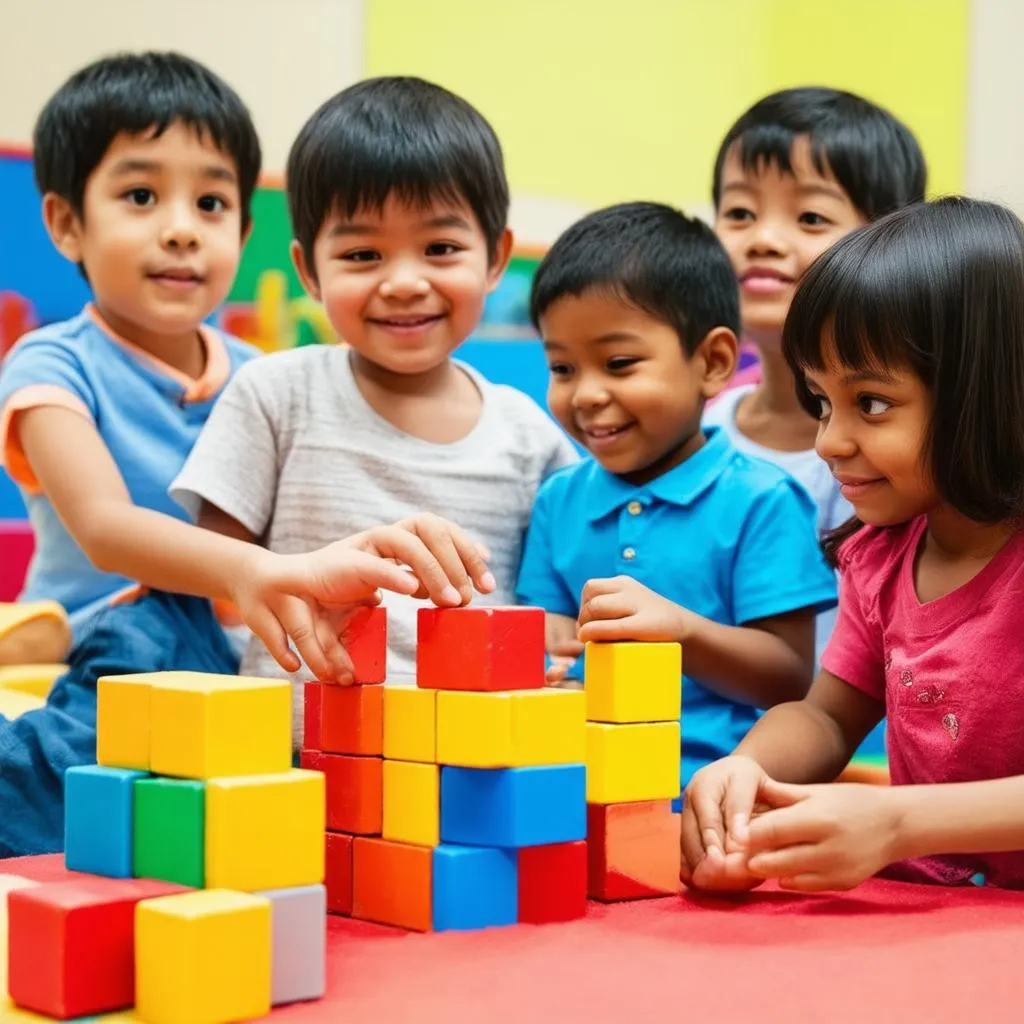 Diverse group of children playing with blocks in a daycare center