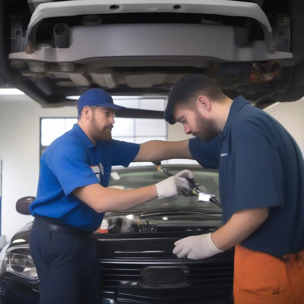 Mechanics working on a car