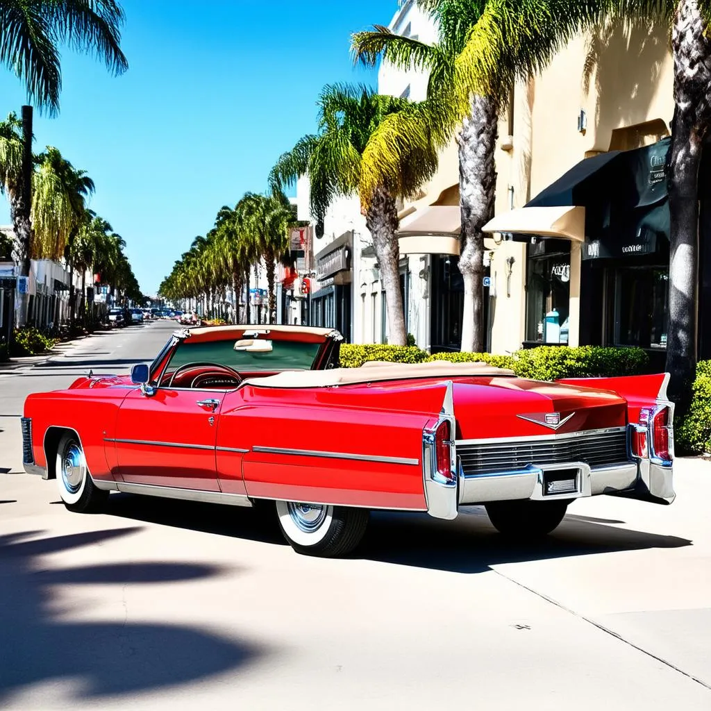 A classic red Cadillac convertible driving down Rodeo Drive