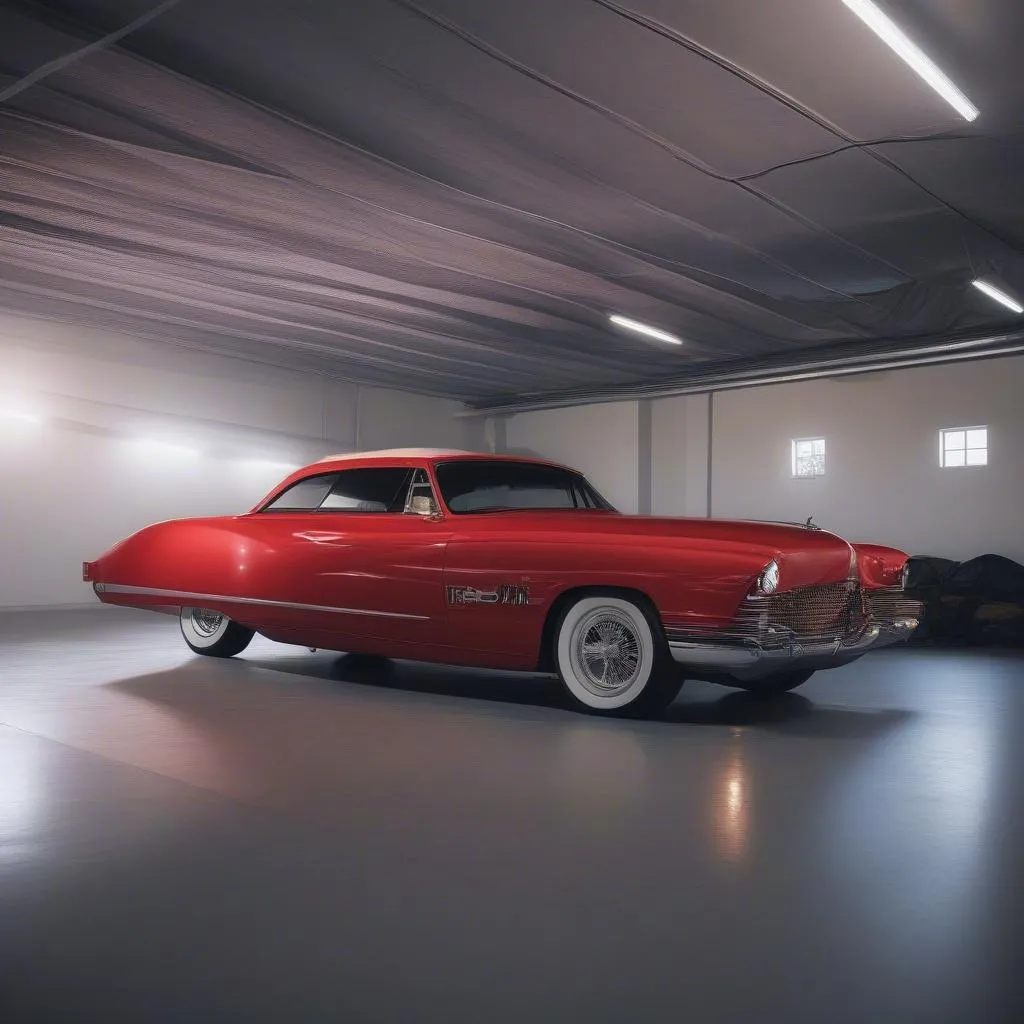 Red classic car stored in a garage with a cover