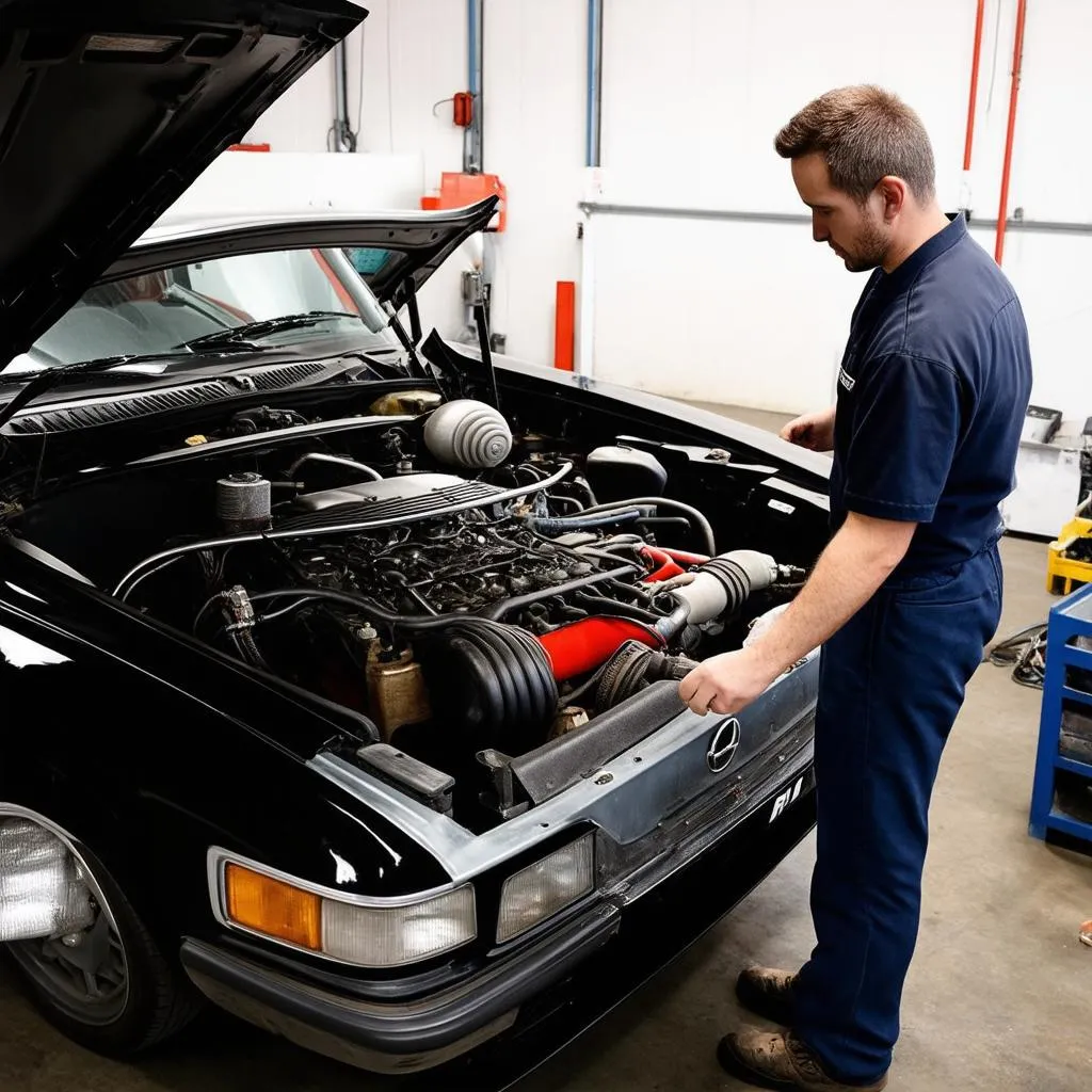 Mechanic inspecting a classic car