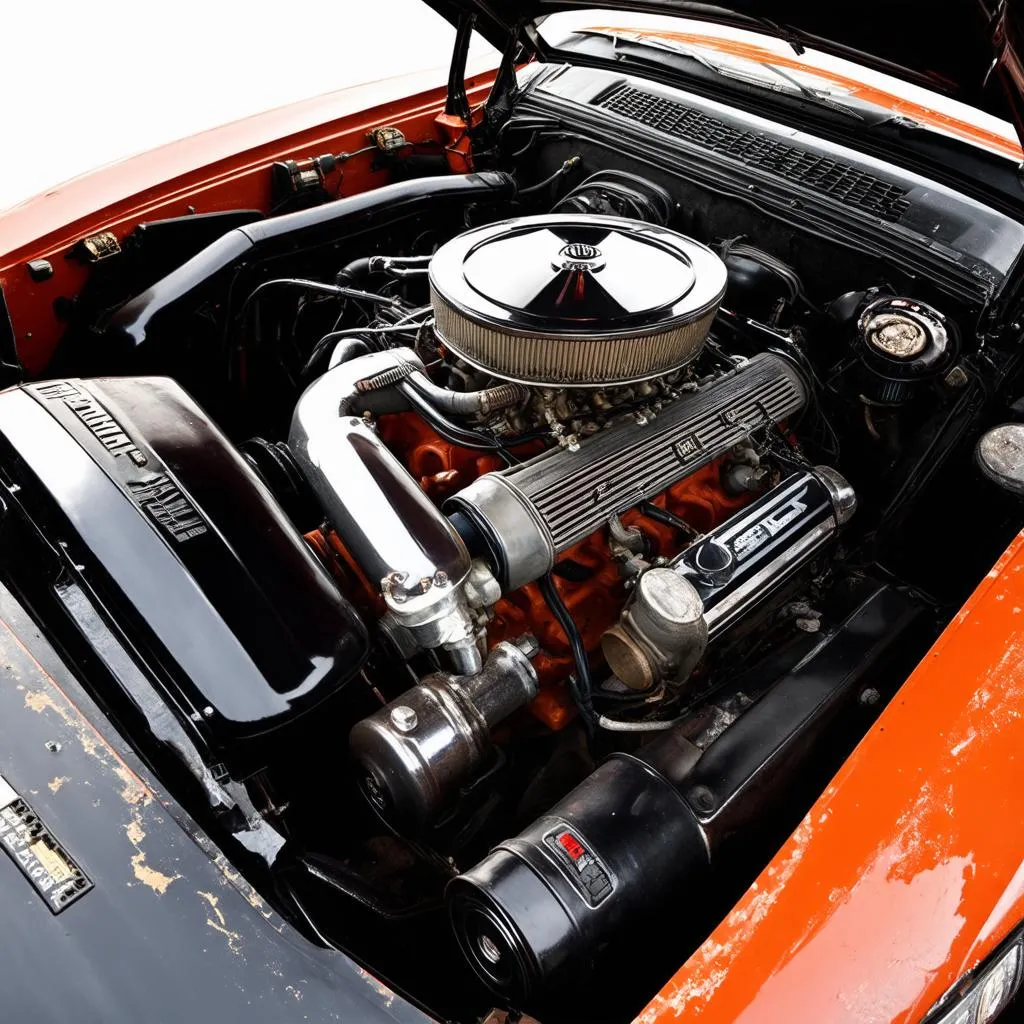 Close-up shot of the powerful engine of a Mad Max Interceptor replica, showcasing the intricate details and weathered look.