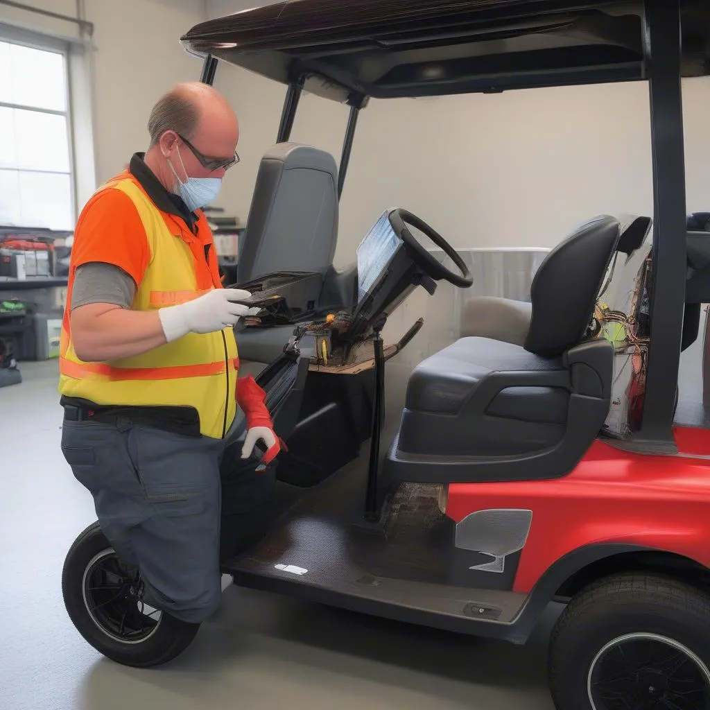 Club Car Tempo technician installing lithium-ion battery