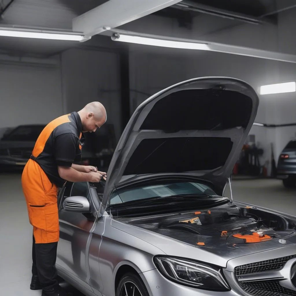 Mechanic using a Cordon OBD SPX scanner on a Mercedes-Benz