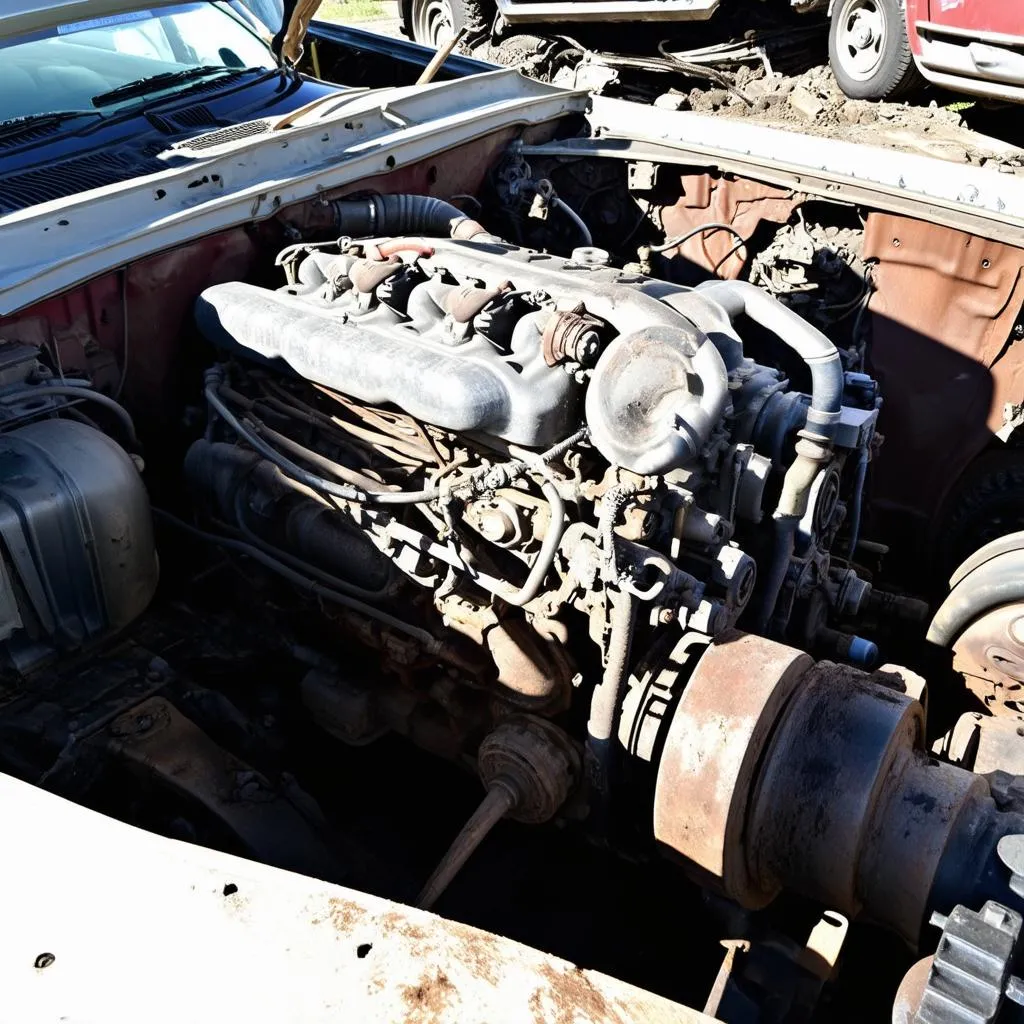 Car engine in a junkyard