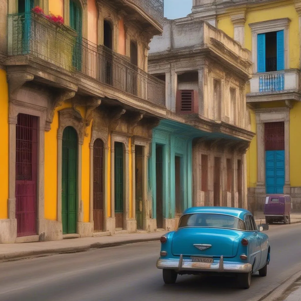 Rental car parked in front of historical buildings in Havana Old Town