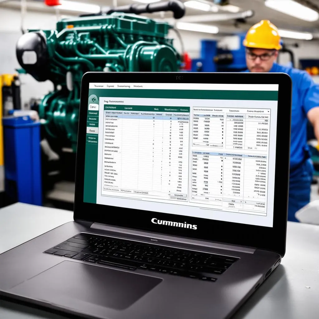 Cummins engine diagnostics being performed by a technician in a workshop.