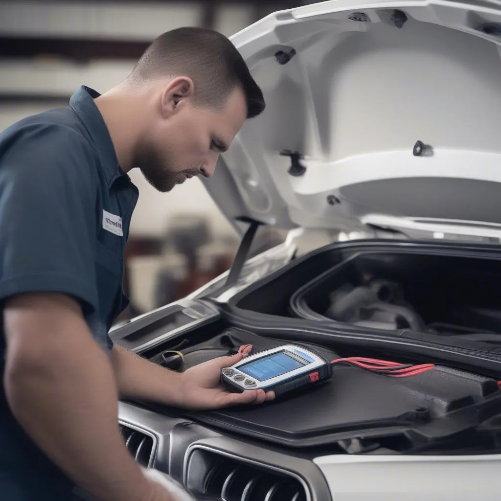 Professional Mechanic Using a DA-4 OBD Scanner for European Car Diagnosis