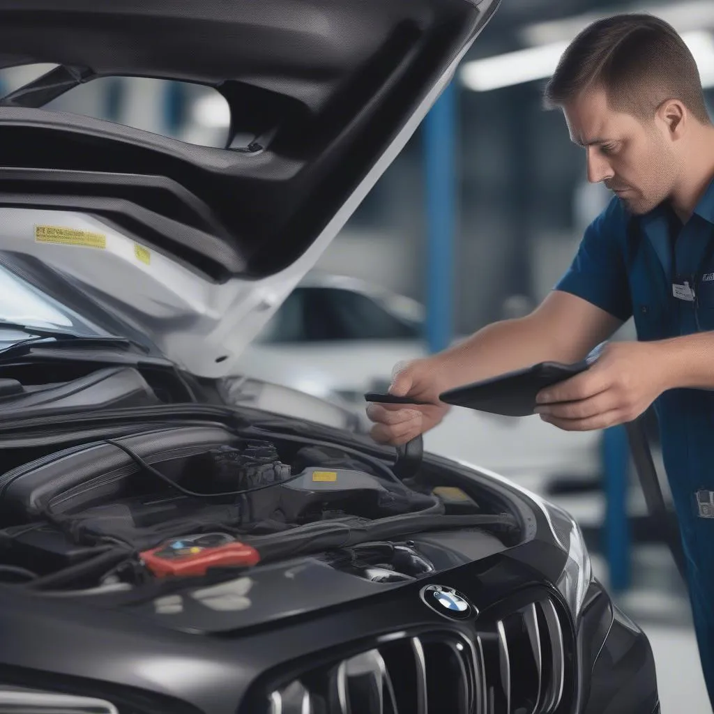 Dealer scanner diagnosing a BMW engine fault