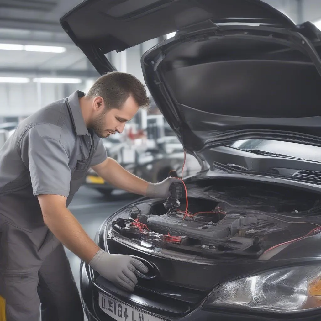 A mechanic uses a dealer scanner to diagnose an electrical issue in a European car