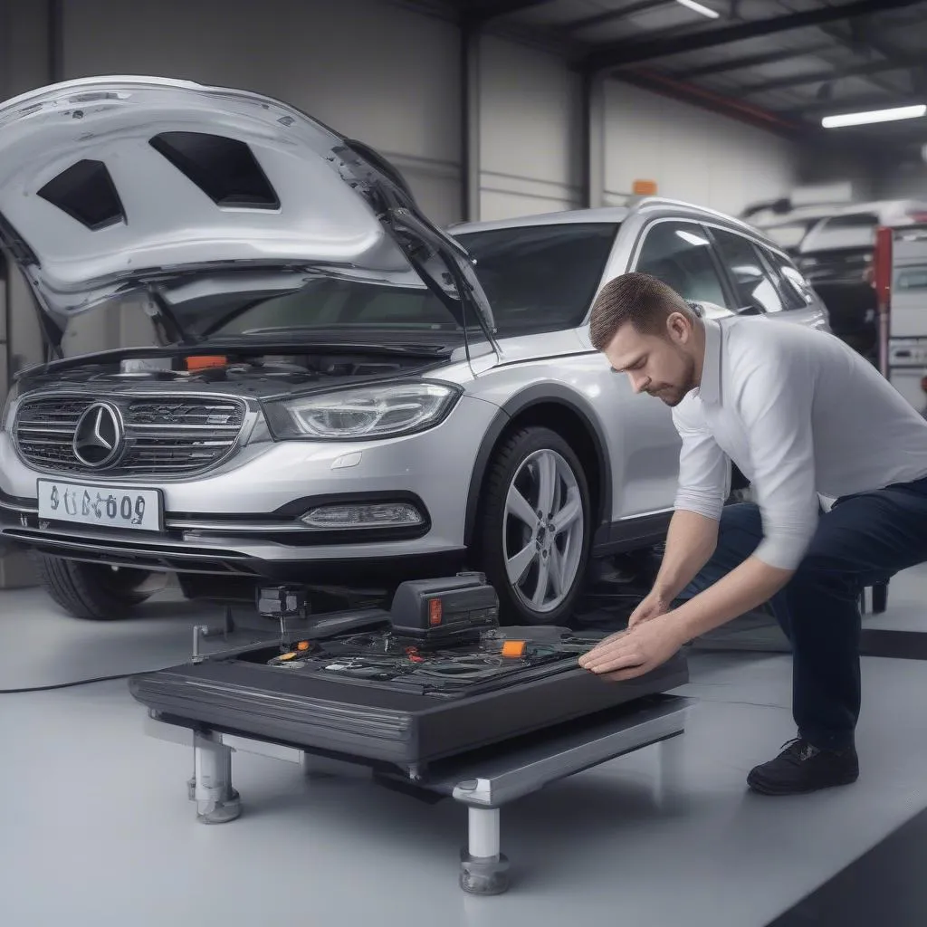 Mechanic using a dealer-level scanner for European car diagnostics