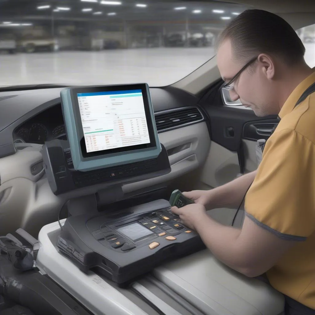 A technician using a dealer scanner on a European car