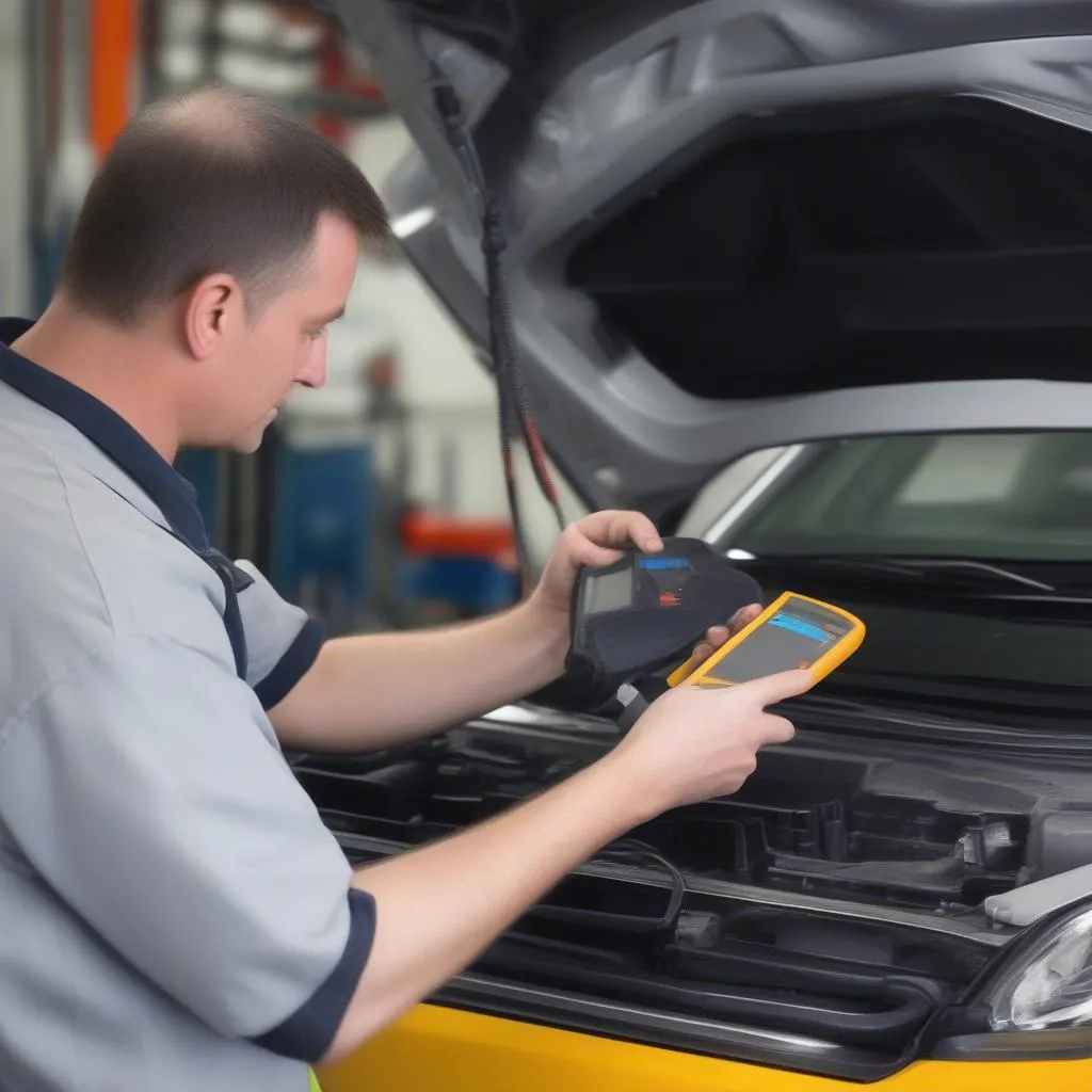 A technician using a dealer scanner to diagnose a problem in a European car