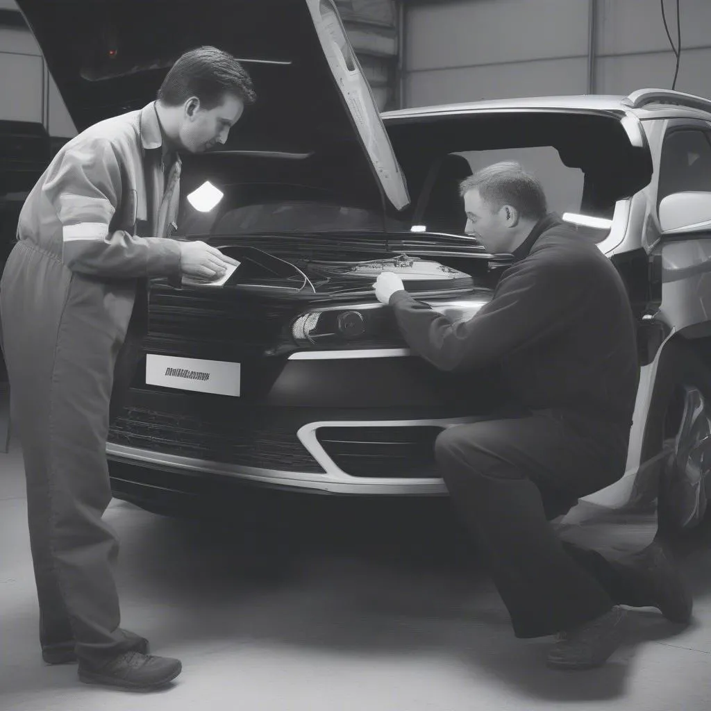 A mechanic using a dealer scanner to diagnose a European car