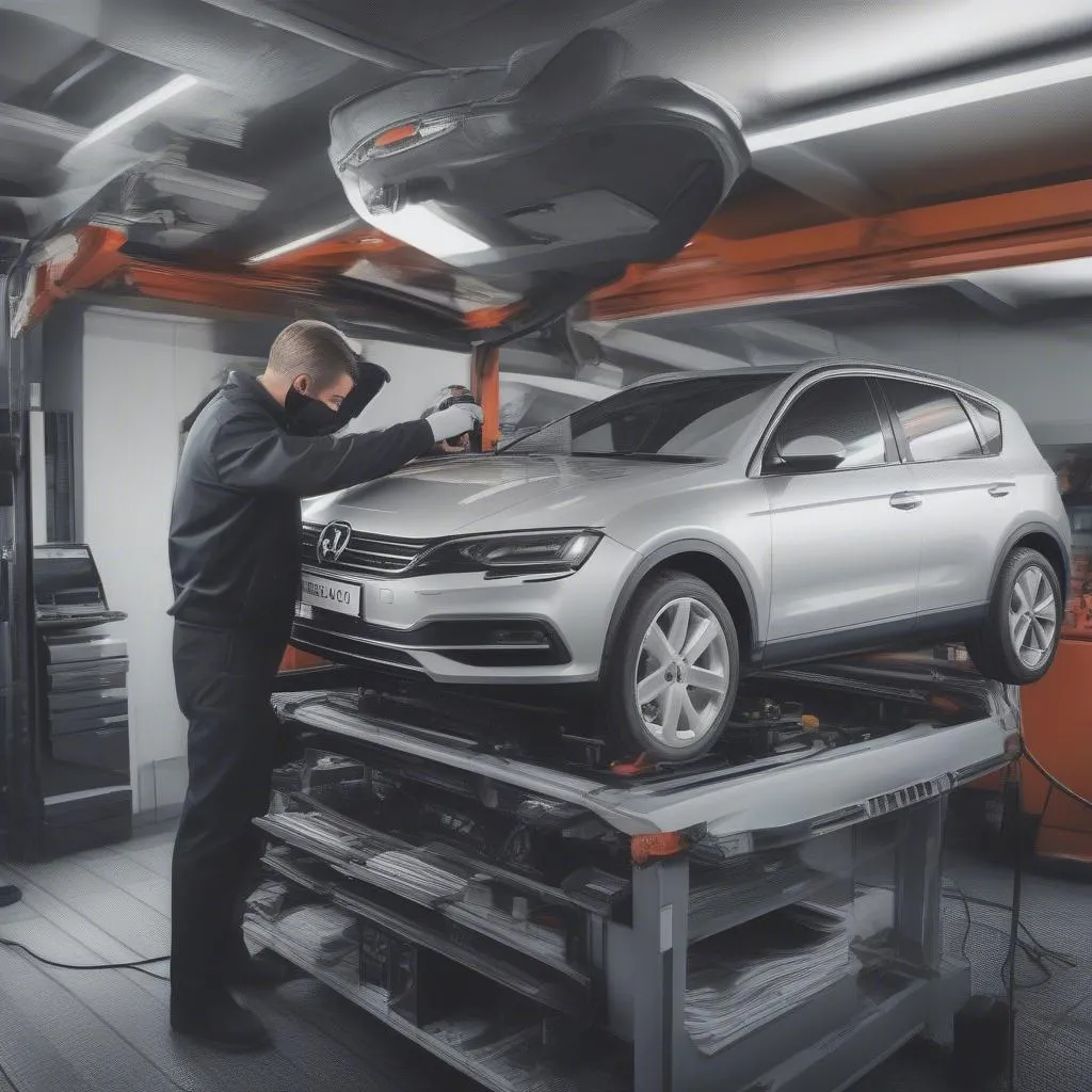 A mechanic using a dealer-level scanner on a European car