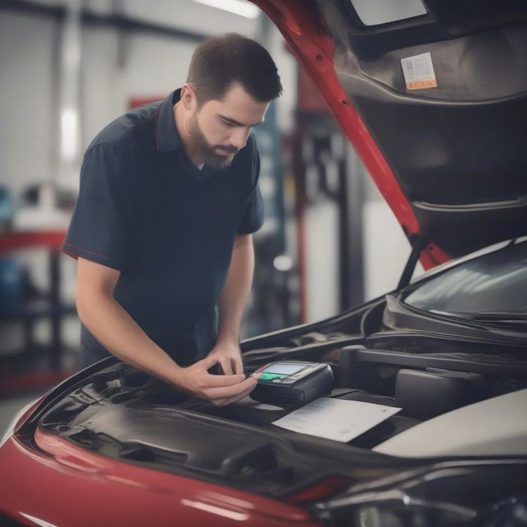 A professional mechanic using a dealer scanner to diagnose a car