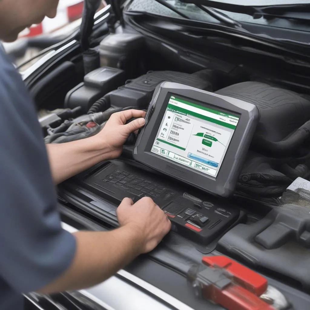 A dealer scanner for European cars, plugged into a vehicle's OBDII port, being used for diagnostics.