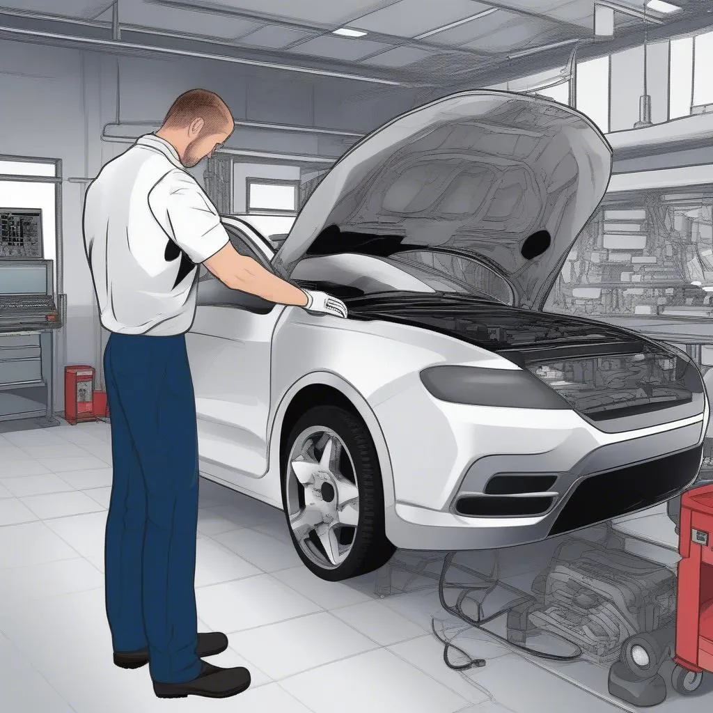 A mechanic using a dealer scanner for European cars to diagnose a problem