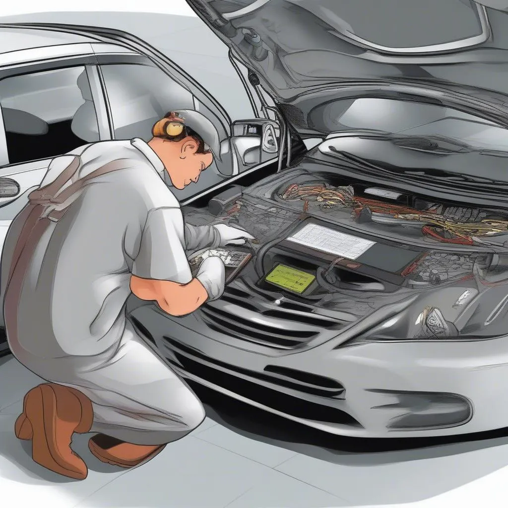 A mechanic uses a dealer scanner to diagnose an electrical issue in a European car