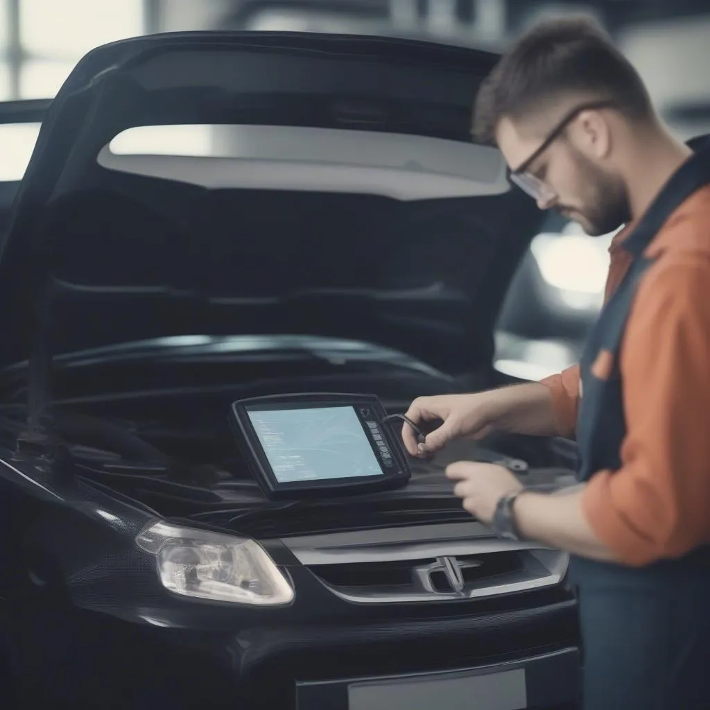 A mechanic using a dealer scanner to diagnose a European car